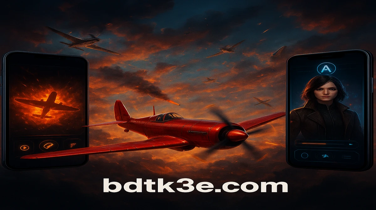 BDTK3 অ্যাভিয়েটর গেমটি একাধিক স্মার্টফোন স্ক্রিনে প্রদর্শিত হচ্ছে, যেখানে উড়ন্ত একটি লাল বিমান ও পাইলট জ্যাকেট পরা একজন নারী চরিত্র দেখা যাচ্ছে।