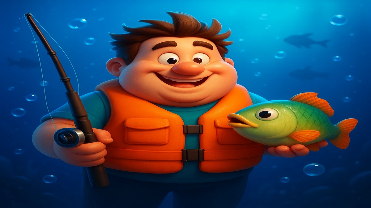 BDTK3-এ উপলব্ধ Big Bass থিম-গেমটির কার্টুন চরিত্রটি পানির নিচে একটি মাছ ও একটি মাছ ধরার ছিপ গর্বভরে ধরে আছে।