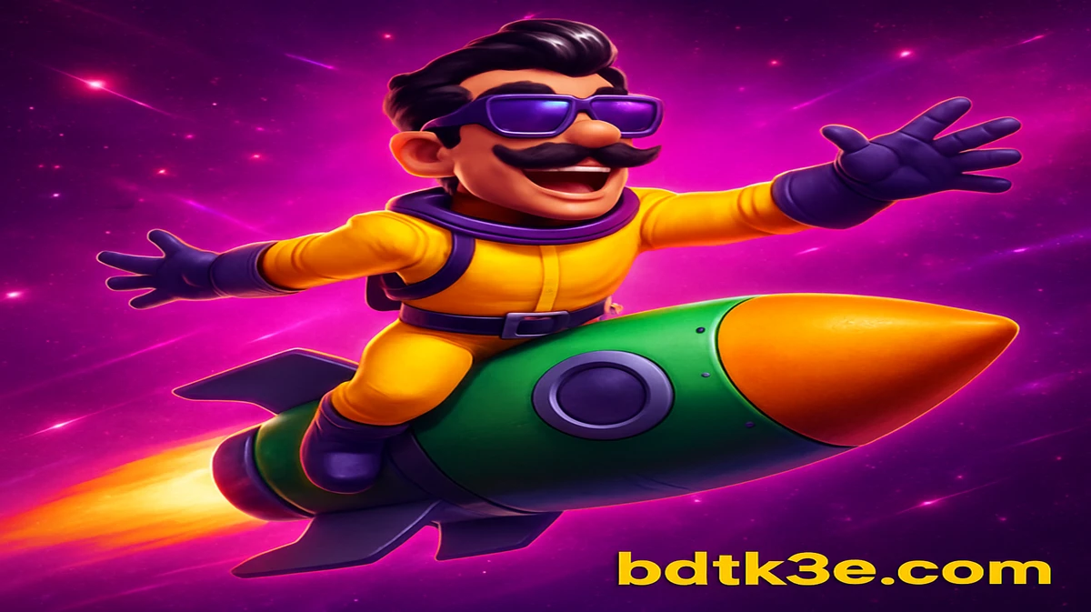 BDTK3 প্ল্যাটফরমে JetX গেমটির প্রচারণা চালানোর জন্য একটি স্টাইলাইজড চরিত্র, দাড়ি ও সানগ্লাস পরে, একটি রকেটে চড়ে নক্ষত্র-ভরা গ্যালাক্সি জুড়ে ভ্রমণ করছে।