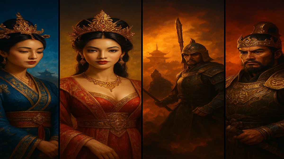 BDTK3‑র এশীয়-থিমযুক্ত আর্কেড গেমগুলোর একটি কোলাজ—আনন্দদায়ক সম্রাজ্ঞীদের ঐশ্বর্যময় পোশাকে, প্রাচীন মন্দির ও জ্বলন্ত আলোর পটভূমিতে।