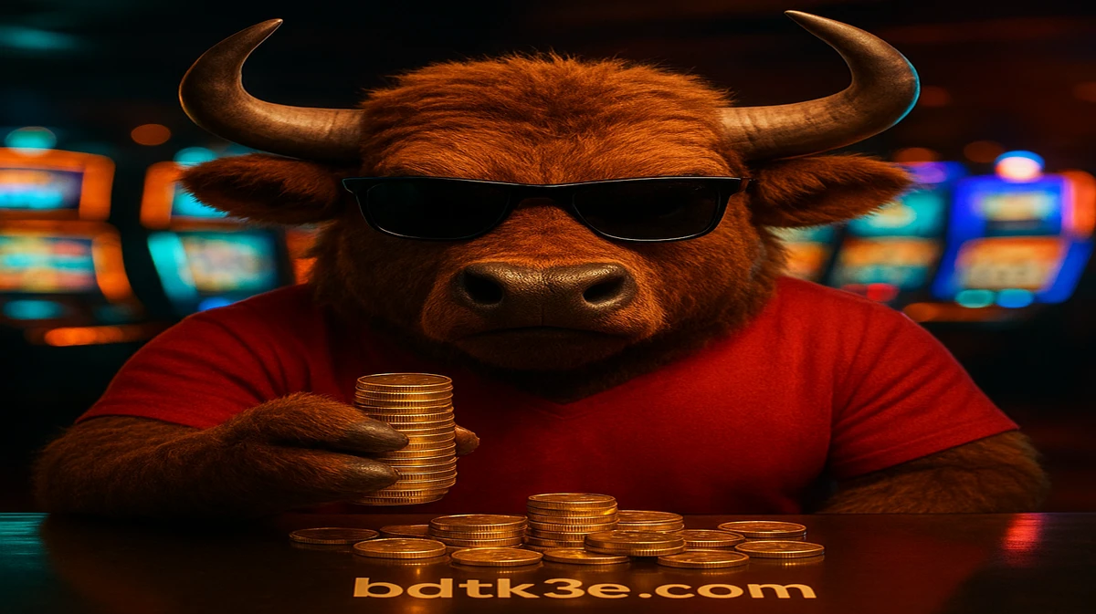 BDTK3-এ Fortune Ox গেমের শক্তিশালী মুখপাত্র—সানগ্লাস পরা একটি কুল ষাঁড়—জ্বলজ্বল করা গেমিং প্ল্যাটফর্ম সেটিংয়ে সোনার কয়েনের স্তূপ ধরে আছে।