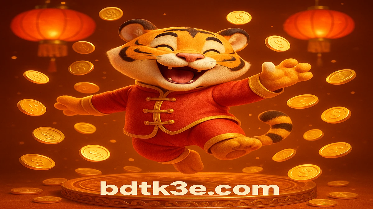 BDTK3-এ Fortune Tiger গেমের আদরের কার্টুন চরিত্রটি সোনার কয়েন ও শুভ লাল লণ্ঠনের ঝলমলে আলোয় ছড়িয়ে থাকা পরিবেশের মাঝে একটি মার্শাল আর্টস পোজ ধরেছে।